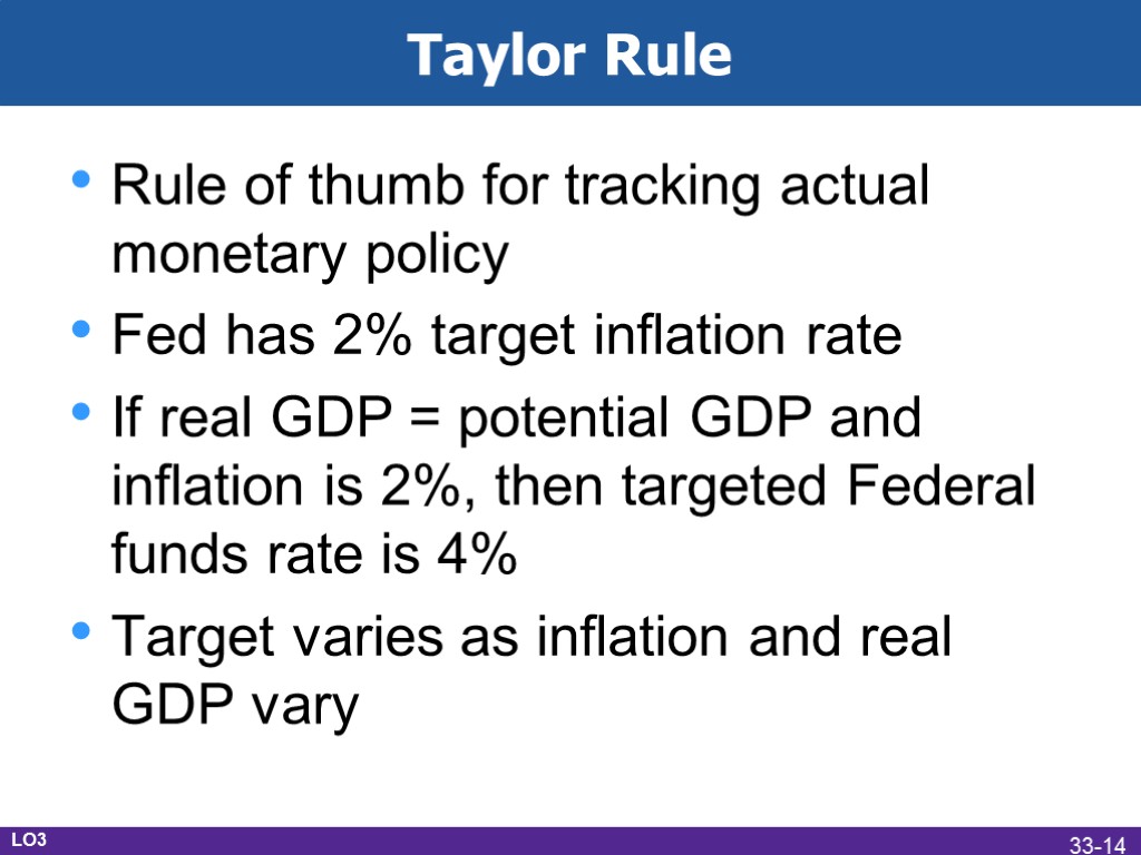 Taylor Rule Rule of thumb for tracking actual monetary policy Fed has 2% target